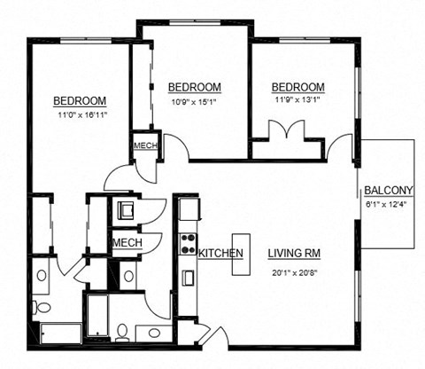 Floor plan for 3 beds, 2 baths, 1370 sqft